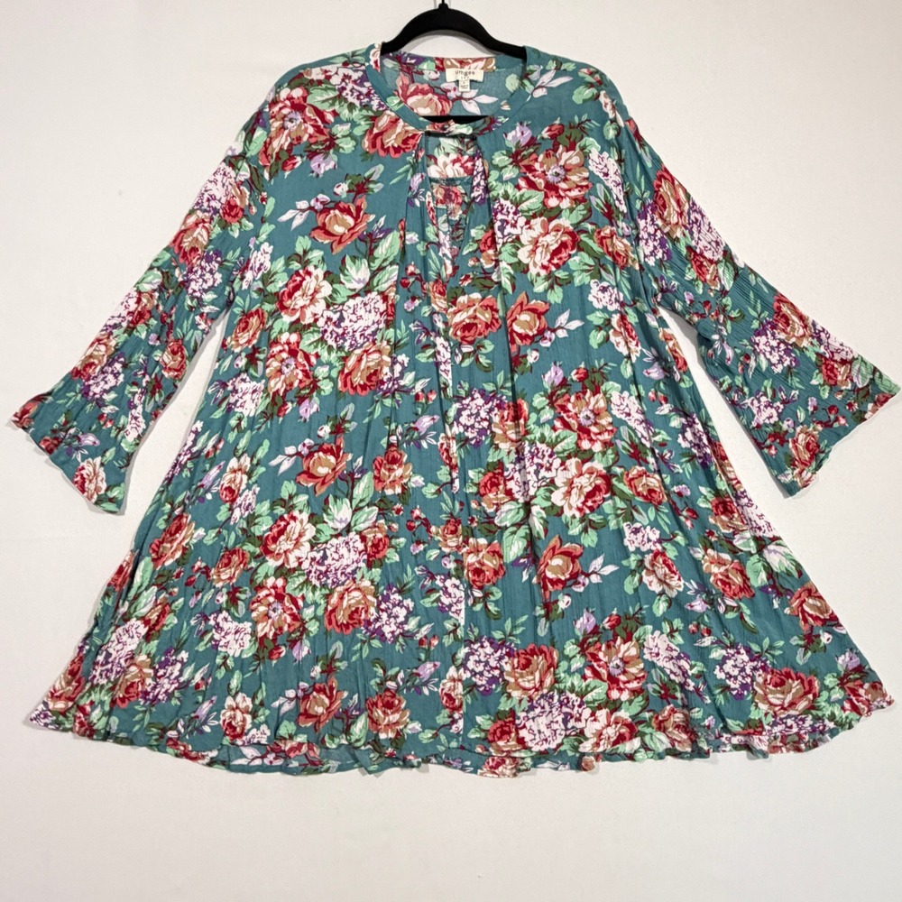 Umgee Womens Dress Large Teal Floral Crinkle Gauze Bell Sleeve Cottagecore Boho